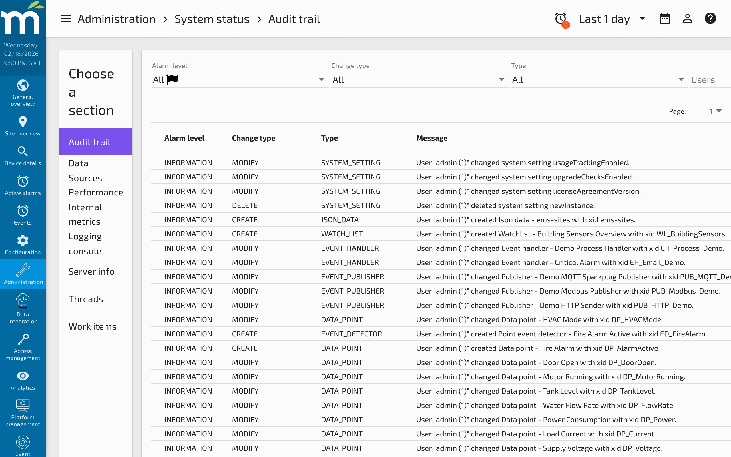 The Audit Trail page showing the filterable table of audit events
