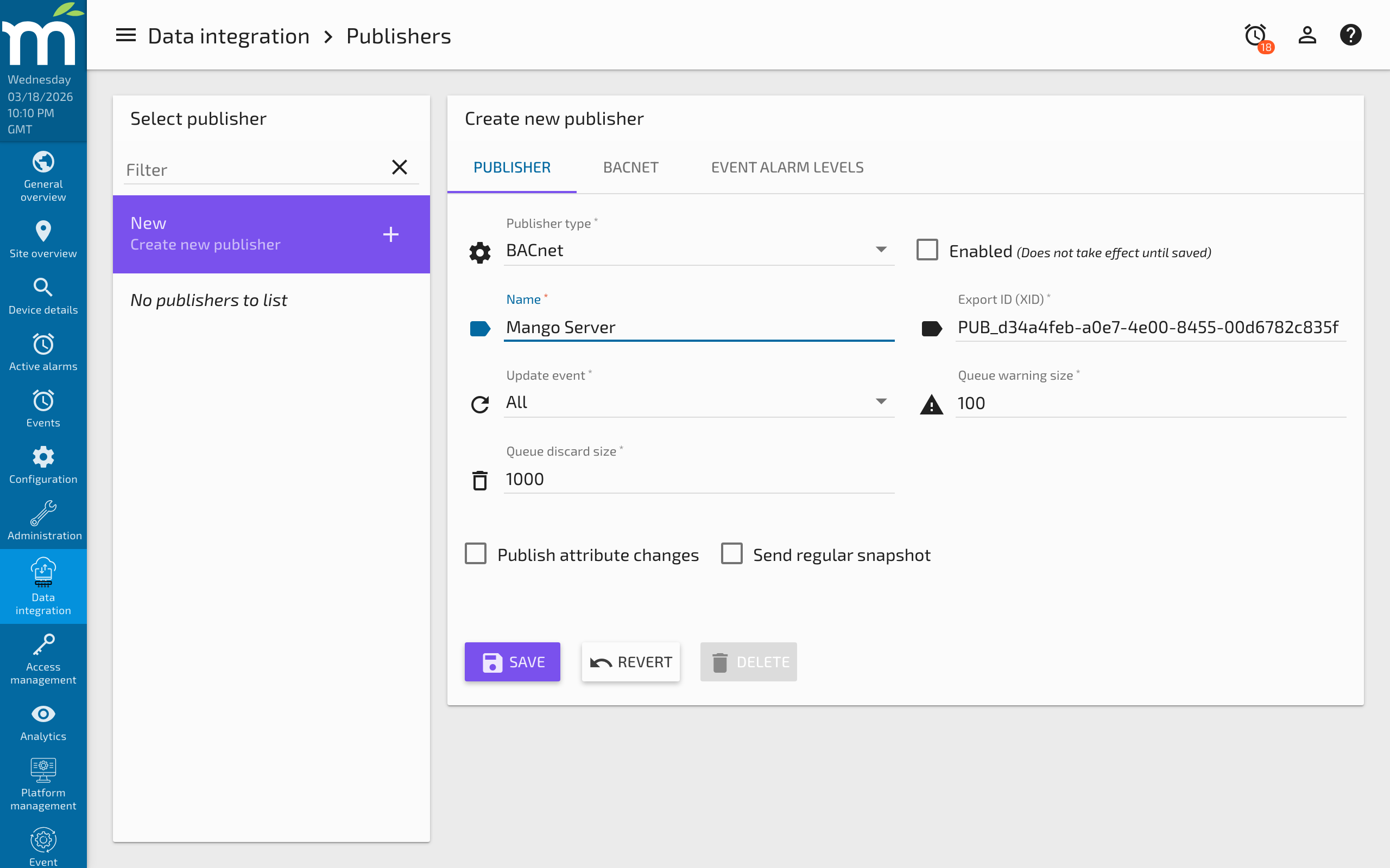 BACnet publisher local device configuration