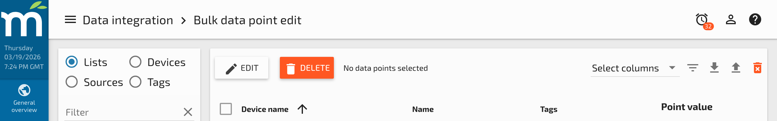 The CSV download and upload buttons on the bulk data point edit page toolbar