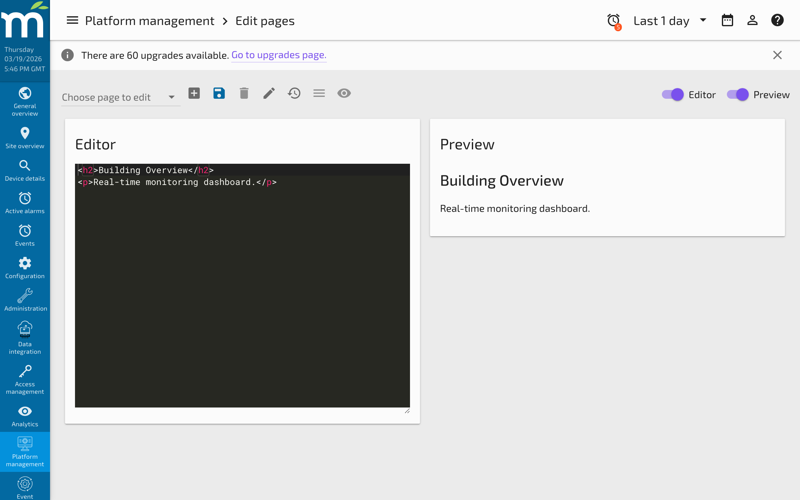 The Page Editor split view with code editor on the left and live preview on the right