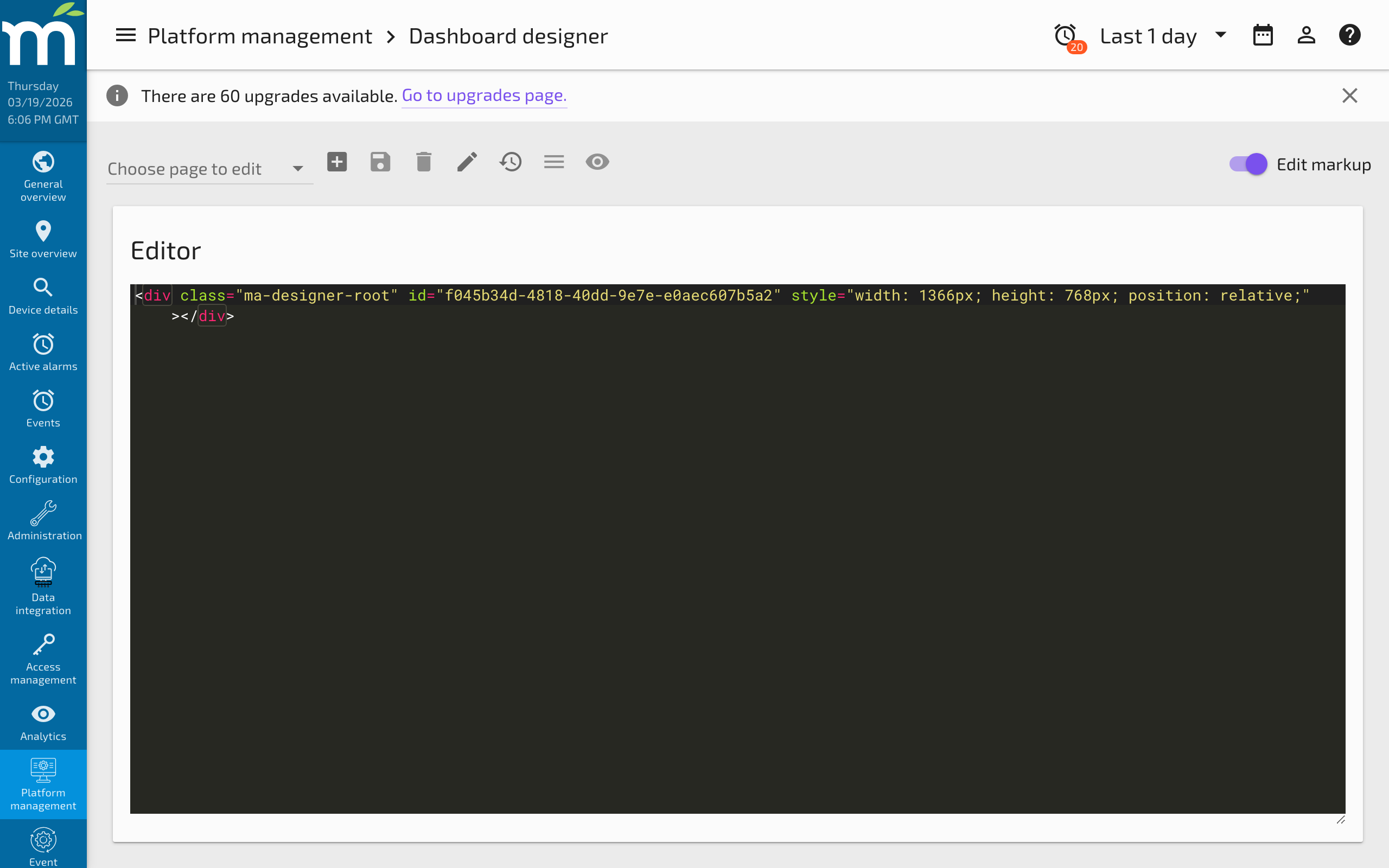 The code view showing the generated HTML markup for the Dashboard Designer page