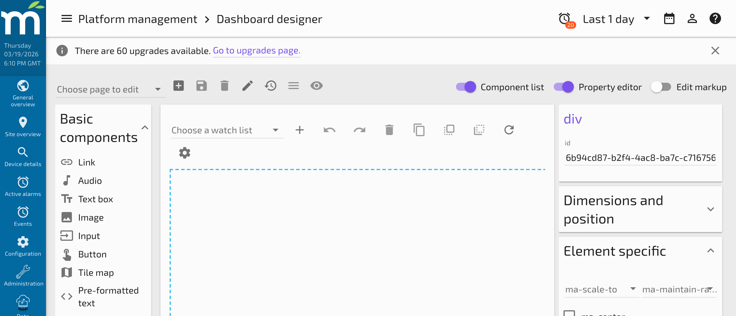 The component library panel showing expandable categories like Charts, Date/Time, Buttons, and HTML Elements