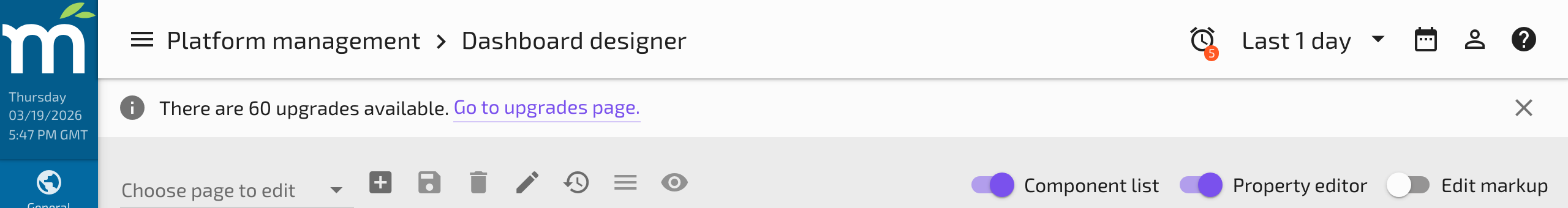 The Dashboard Designer toolbar showing page dropdown, New, Save, Delete, and Edit name buttons