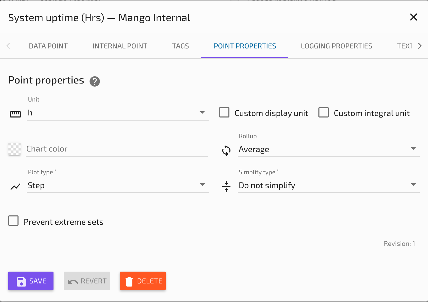 The data point properties tab showing rollup, plot type, and simplify configuration