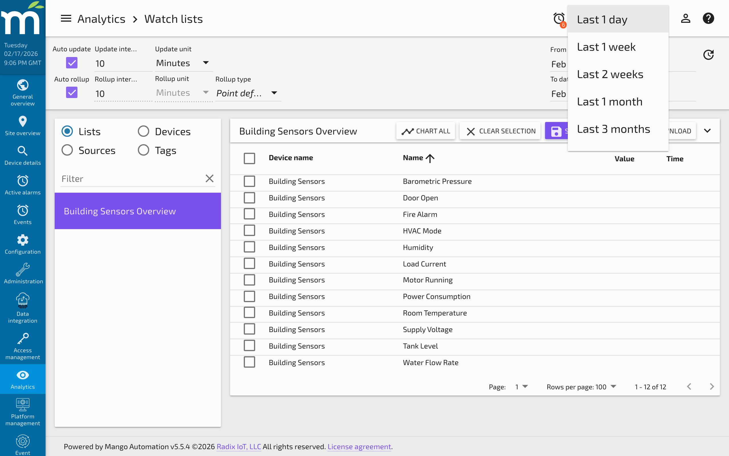 The simple date/time range selector showing preset time ranges