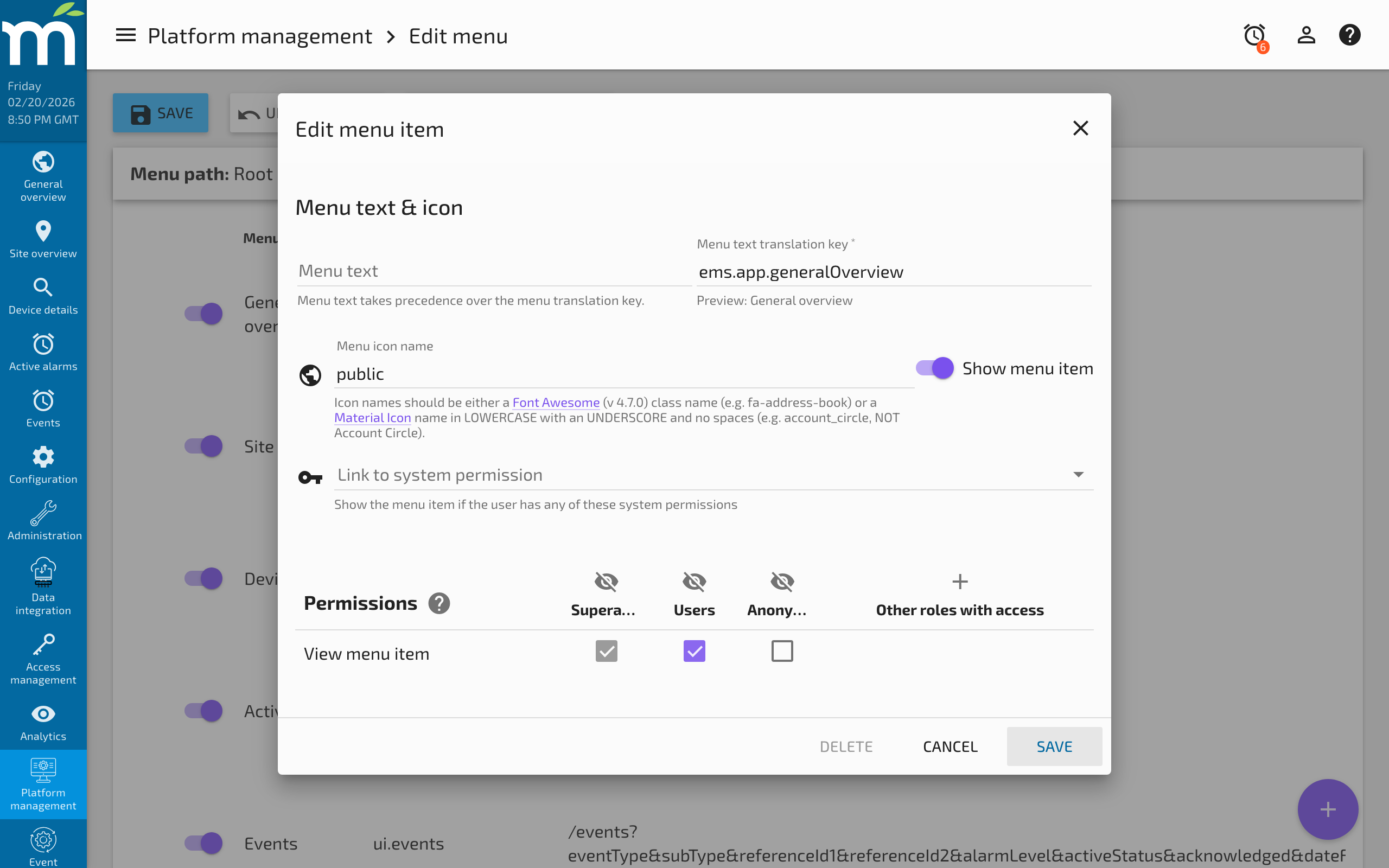 The Edit Menu Item dialog showing all configurable properties