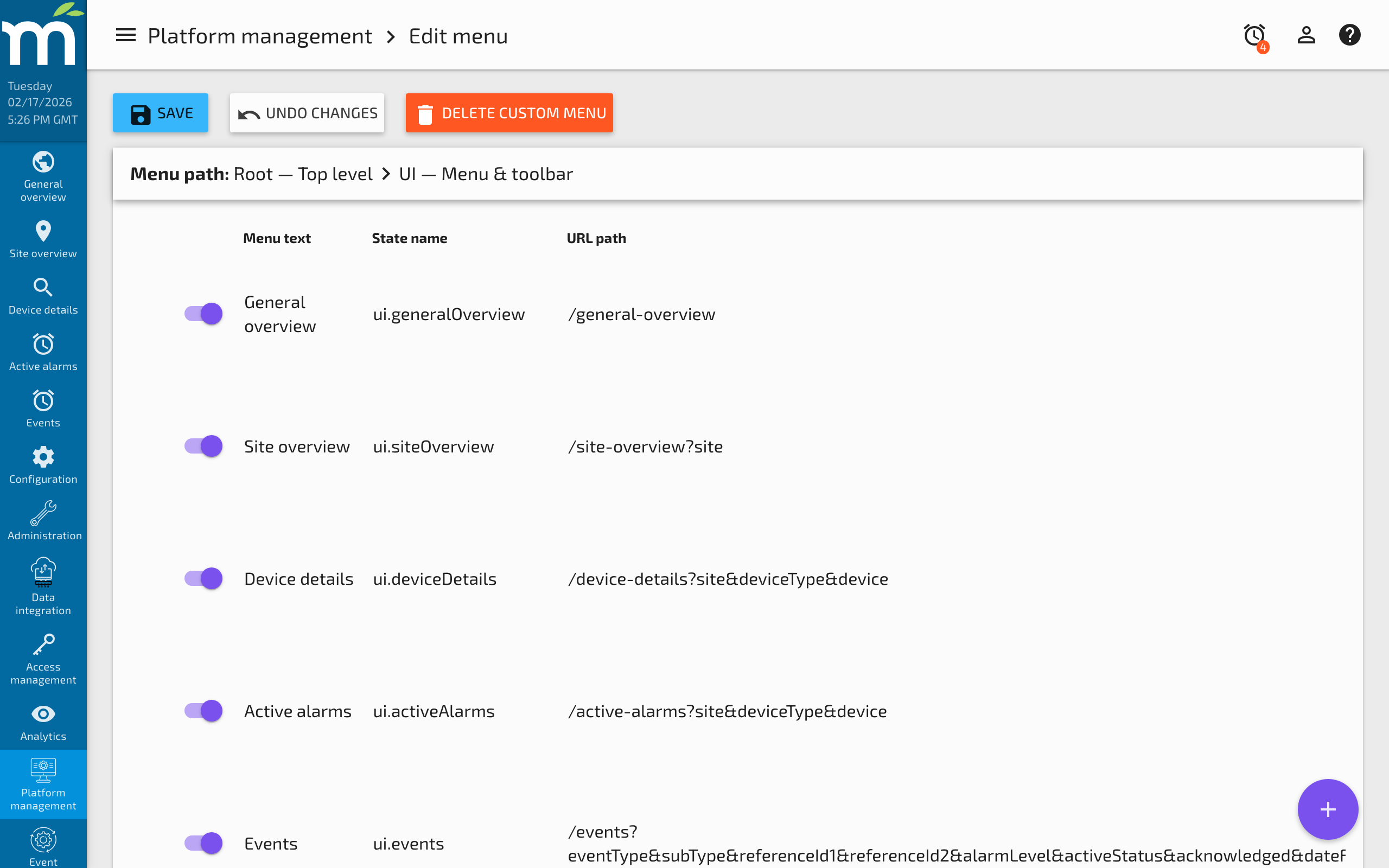 The Edit Menu page showing the menu item editor with permission and visibility controls