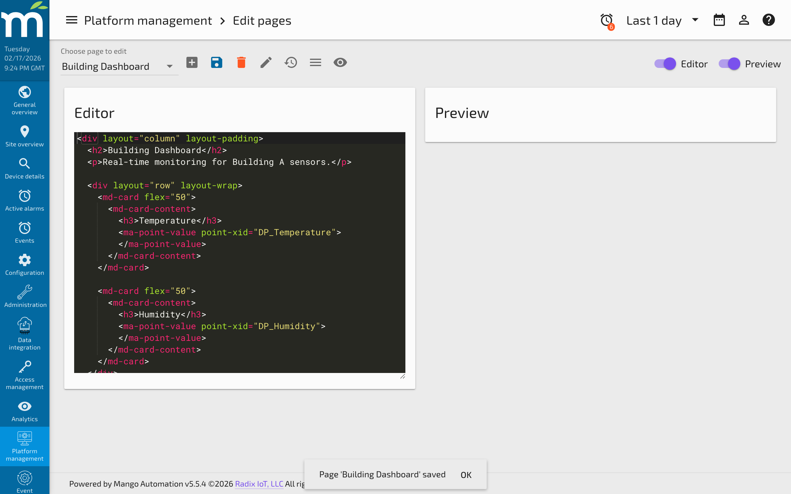 The Edit Pages code editor showing an HTML-based custom page