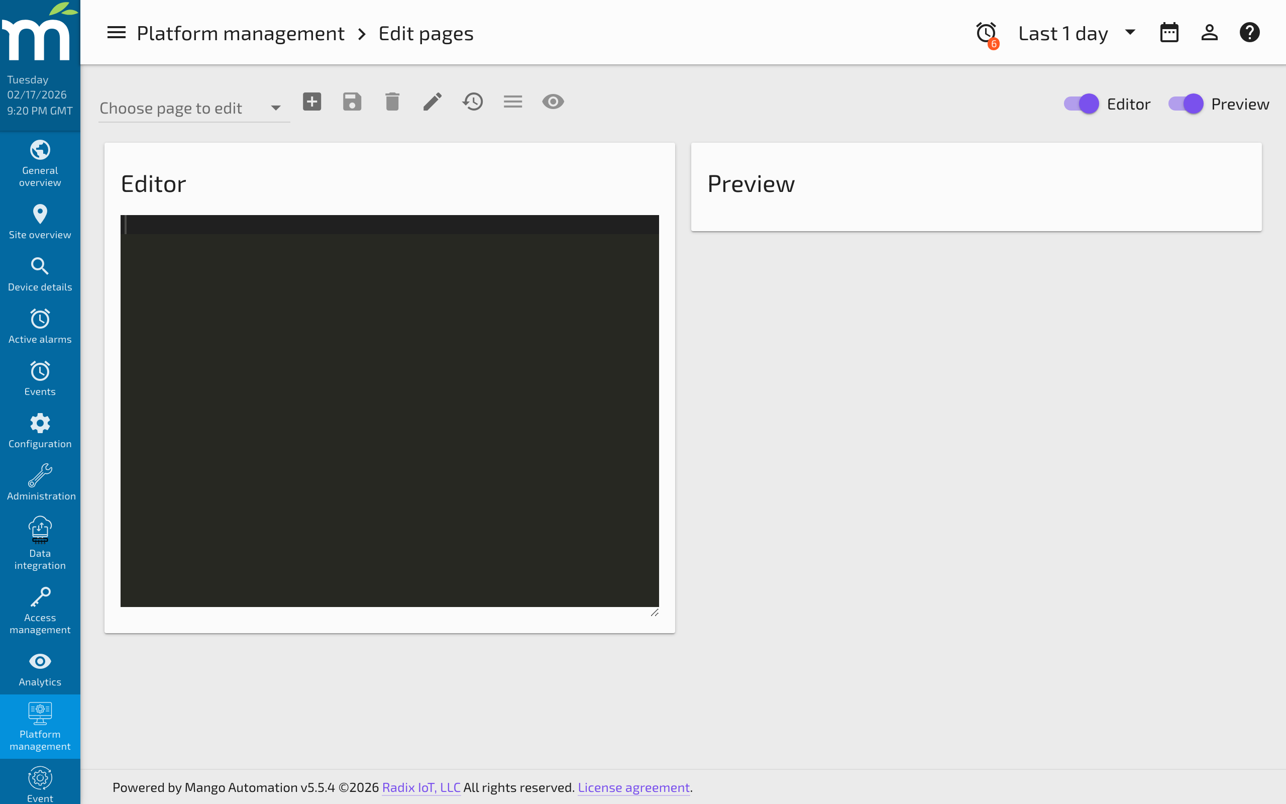 The Page Editor toolbar showing page dropdown, New, Save, Delete, View, and Edit name buttons