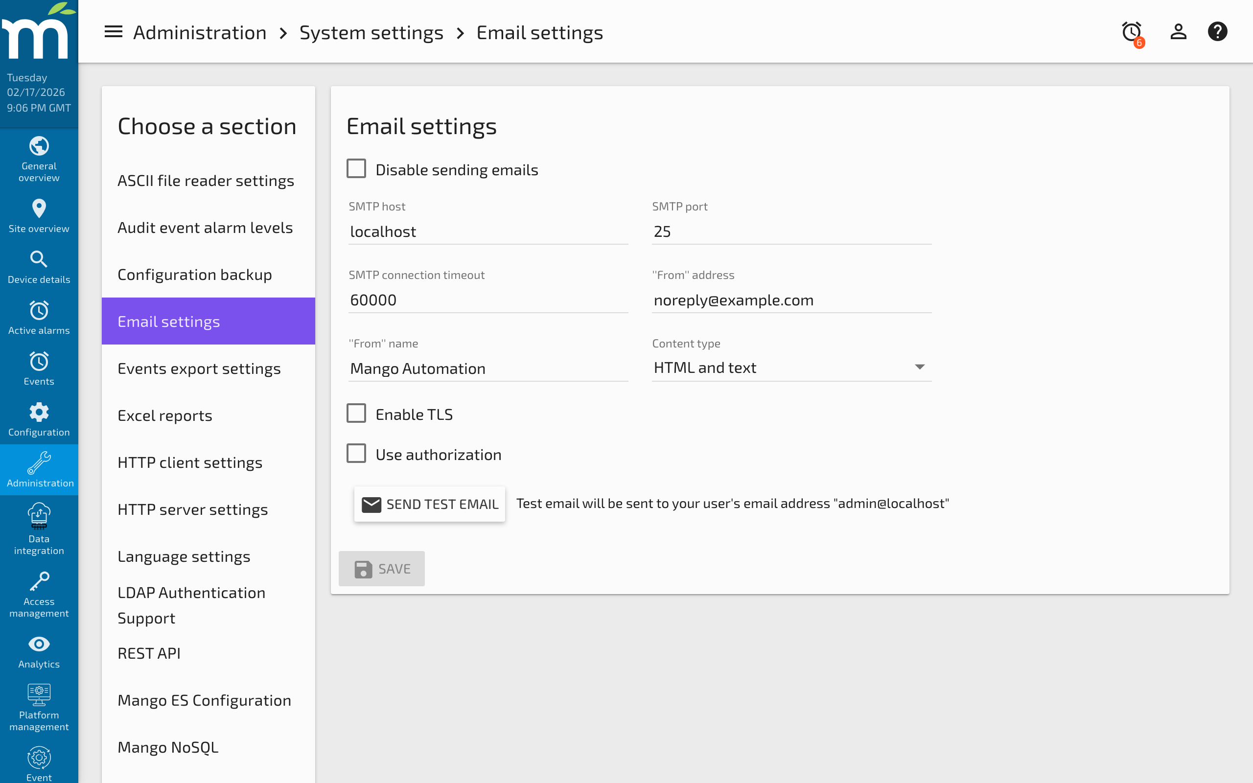 The Email Settings configuration panel in System Settings