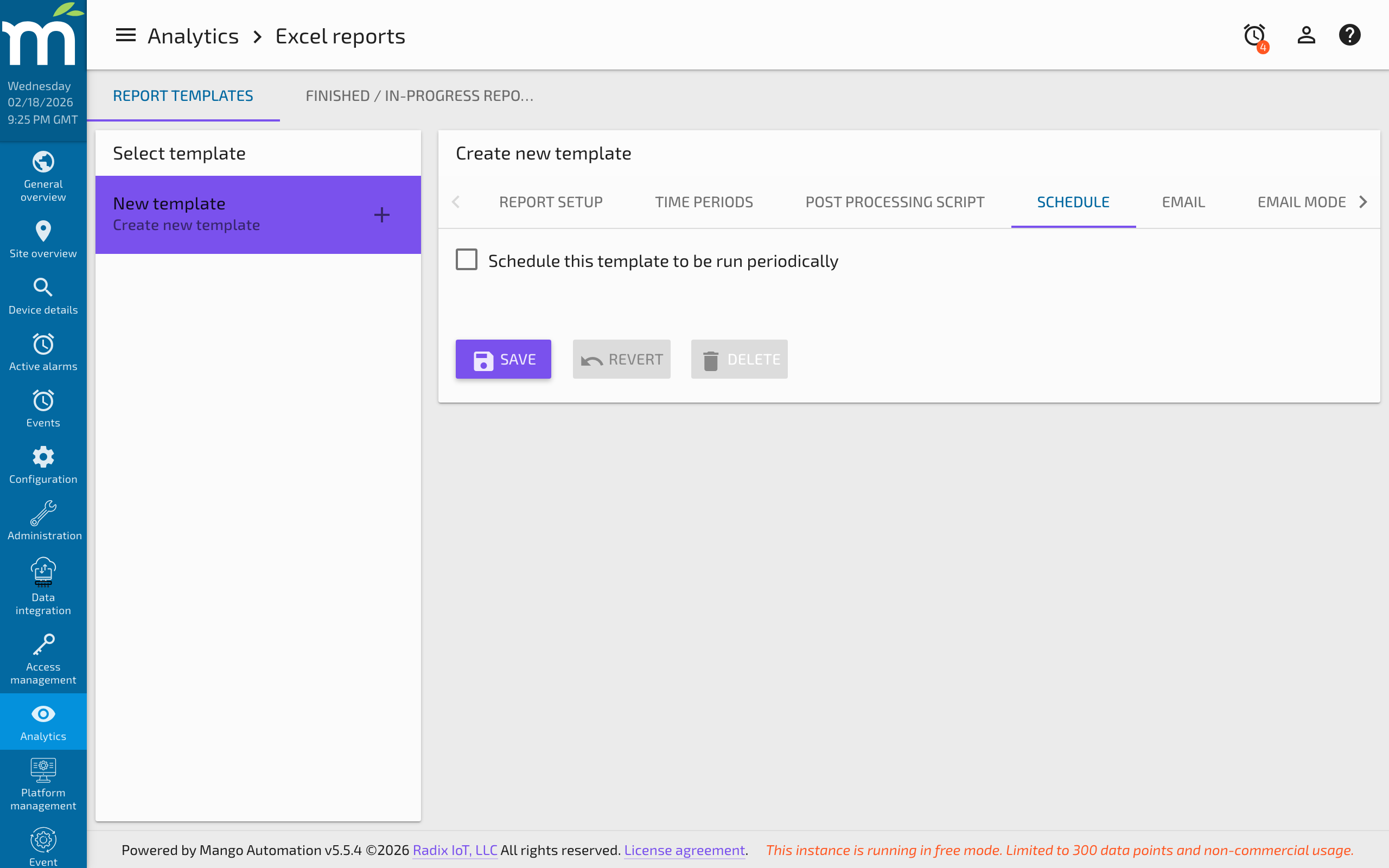 The cron schedule configuration for an Excel report
