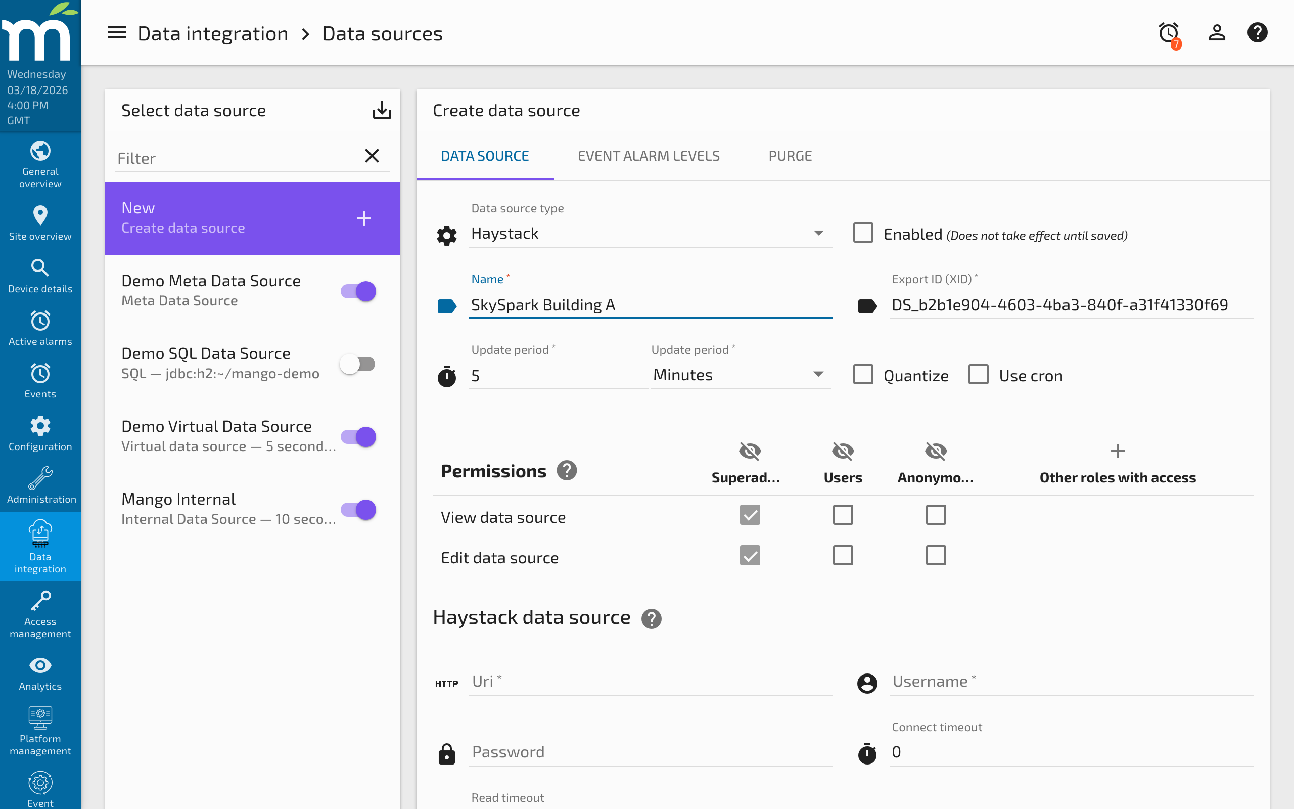 Haystack data source configuration form showing server URL and authentication settings