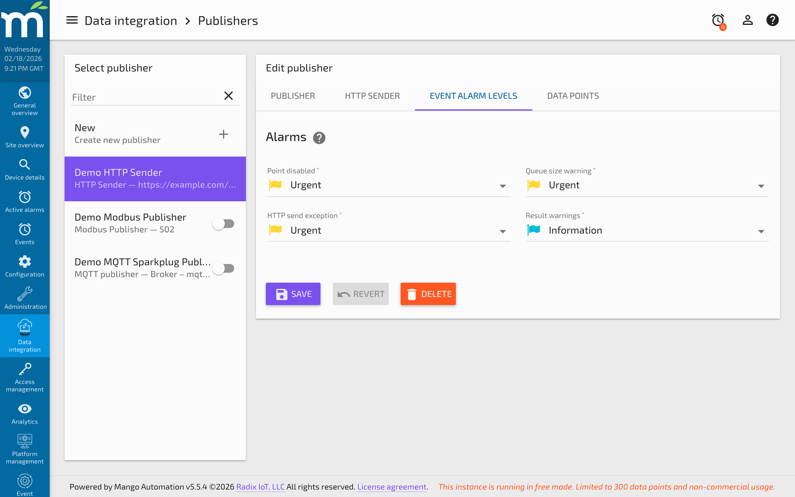 Data Points tab showing published points with parameter names and timestamp options