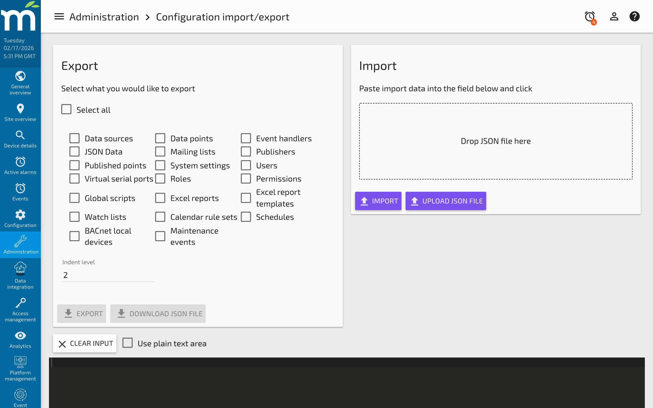 The Import/Export page showing the export section with checkboxes for each object type