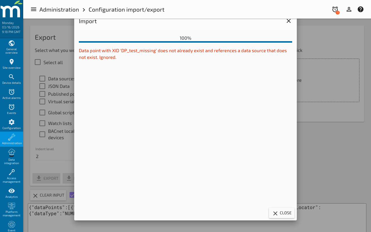 The import results showing created, updated, and failed counts with error details