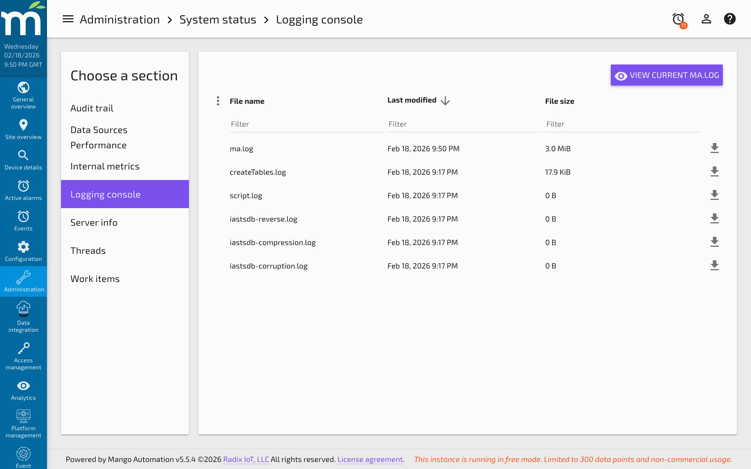 The Logging Console page showing the table of available log files with View and Download buttons