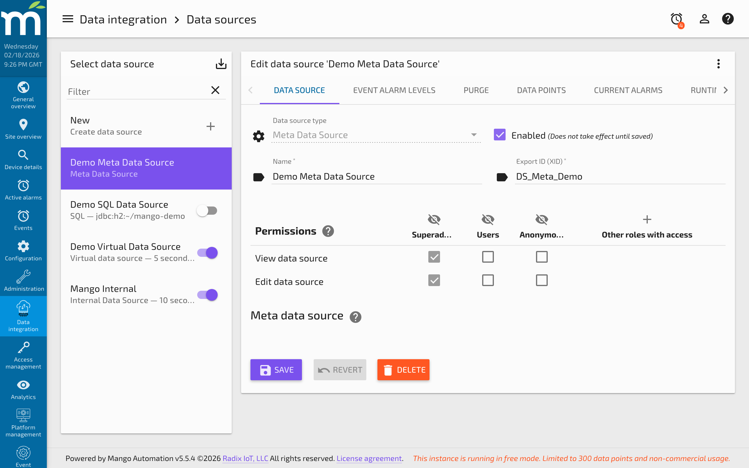 The Meta Data Source edit page showing the script editor and context points table