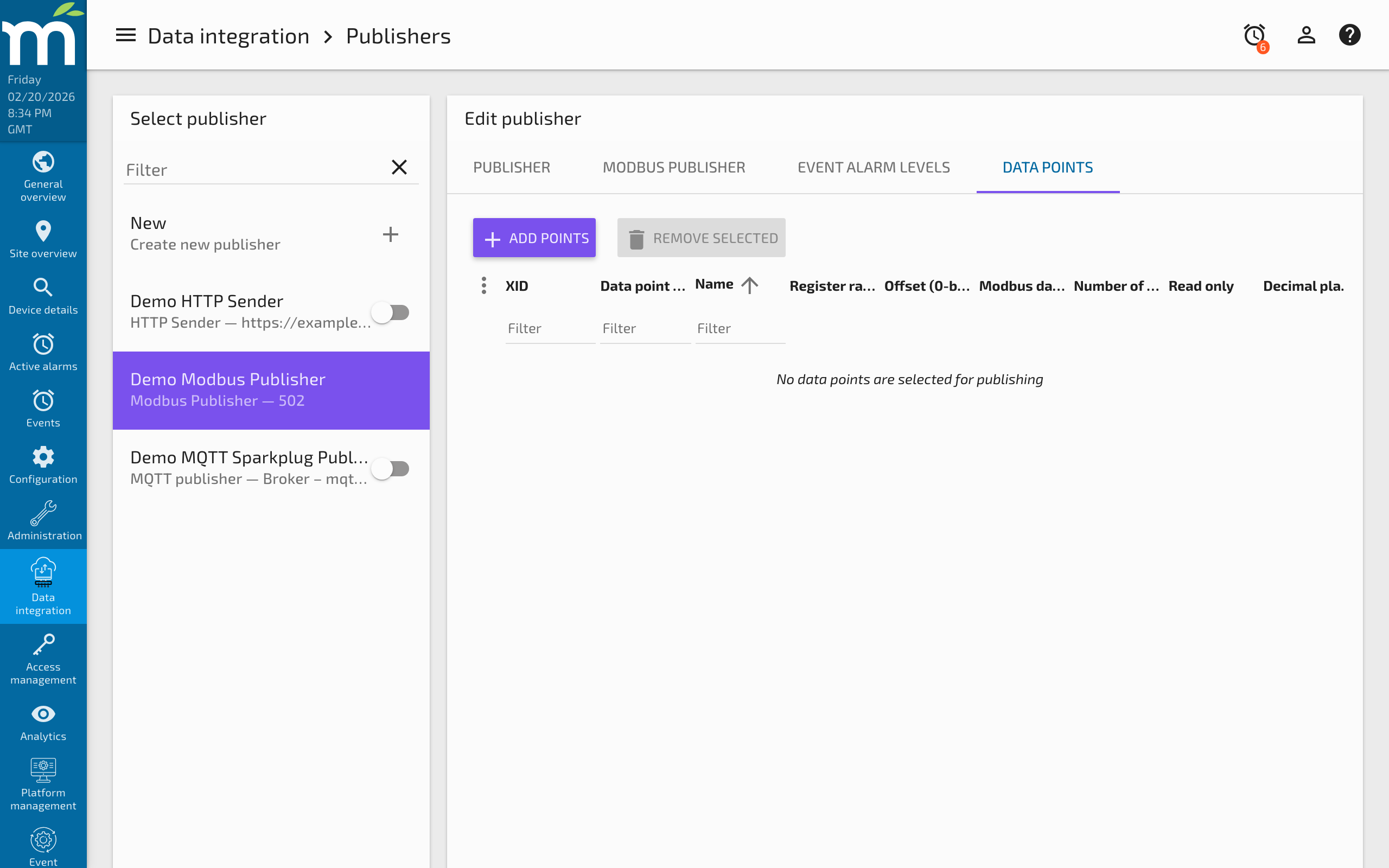 Modbus publisher point configuration showing register mapping