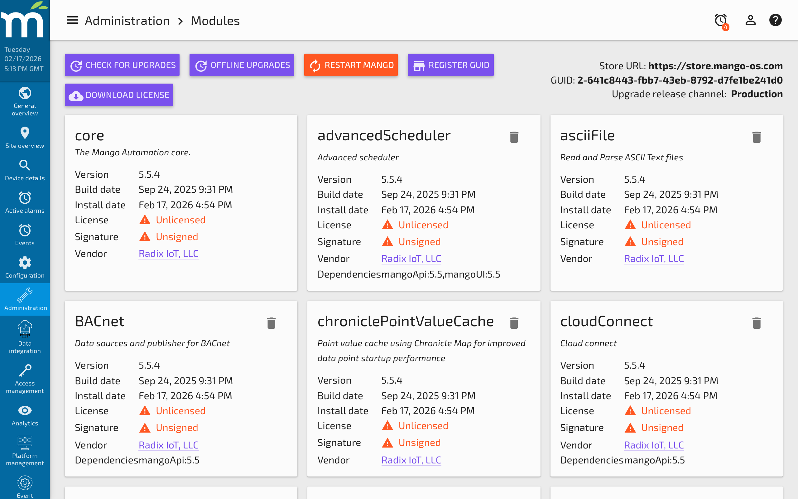 The Modules page showing available upgrades with version numbers and checkboxes