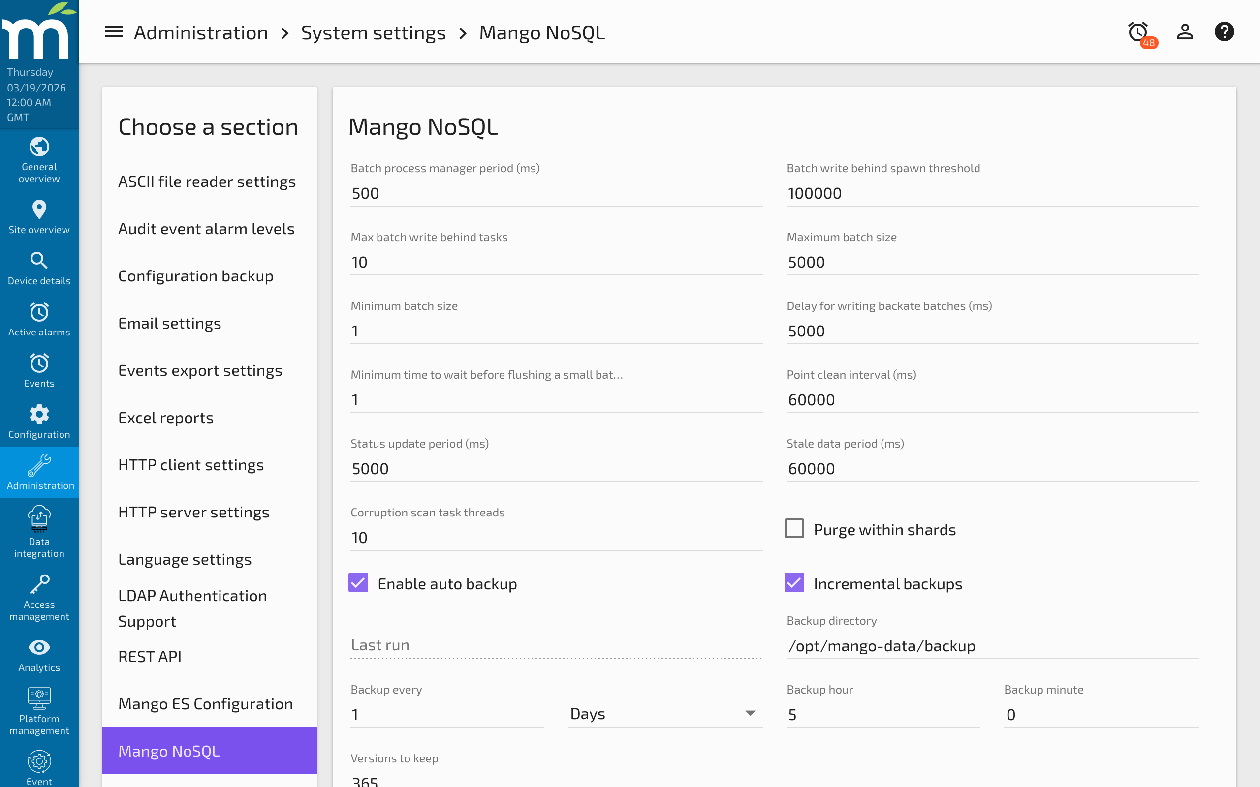 The Mango NoSQL configuration panel in System Settings showing performance tuning and backup options
