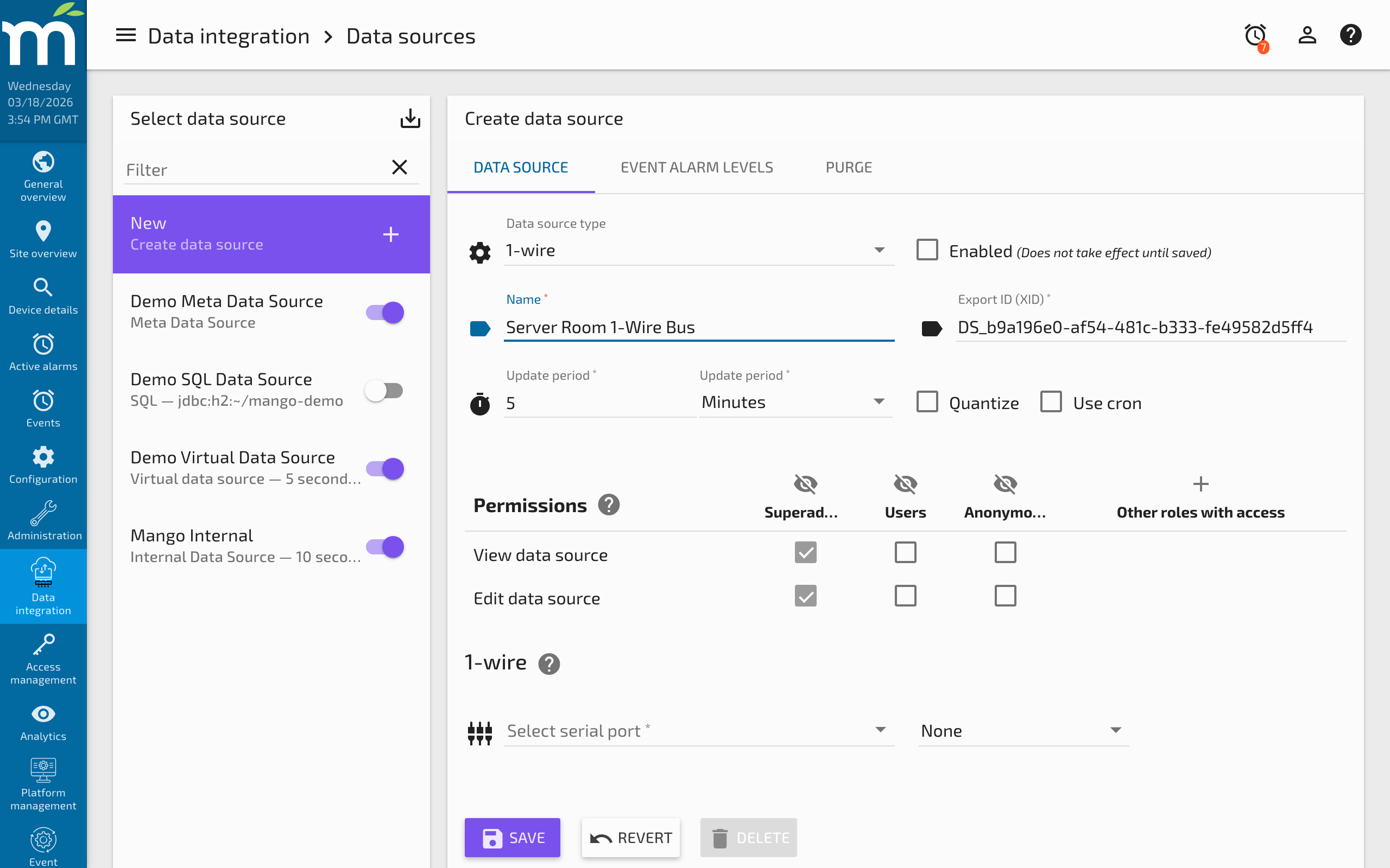 OneWire data source configuration form showing adapter and polling settings
