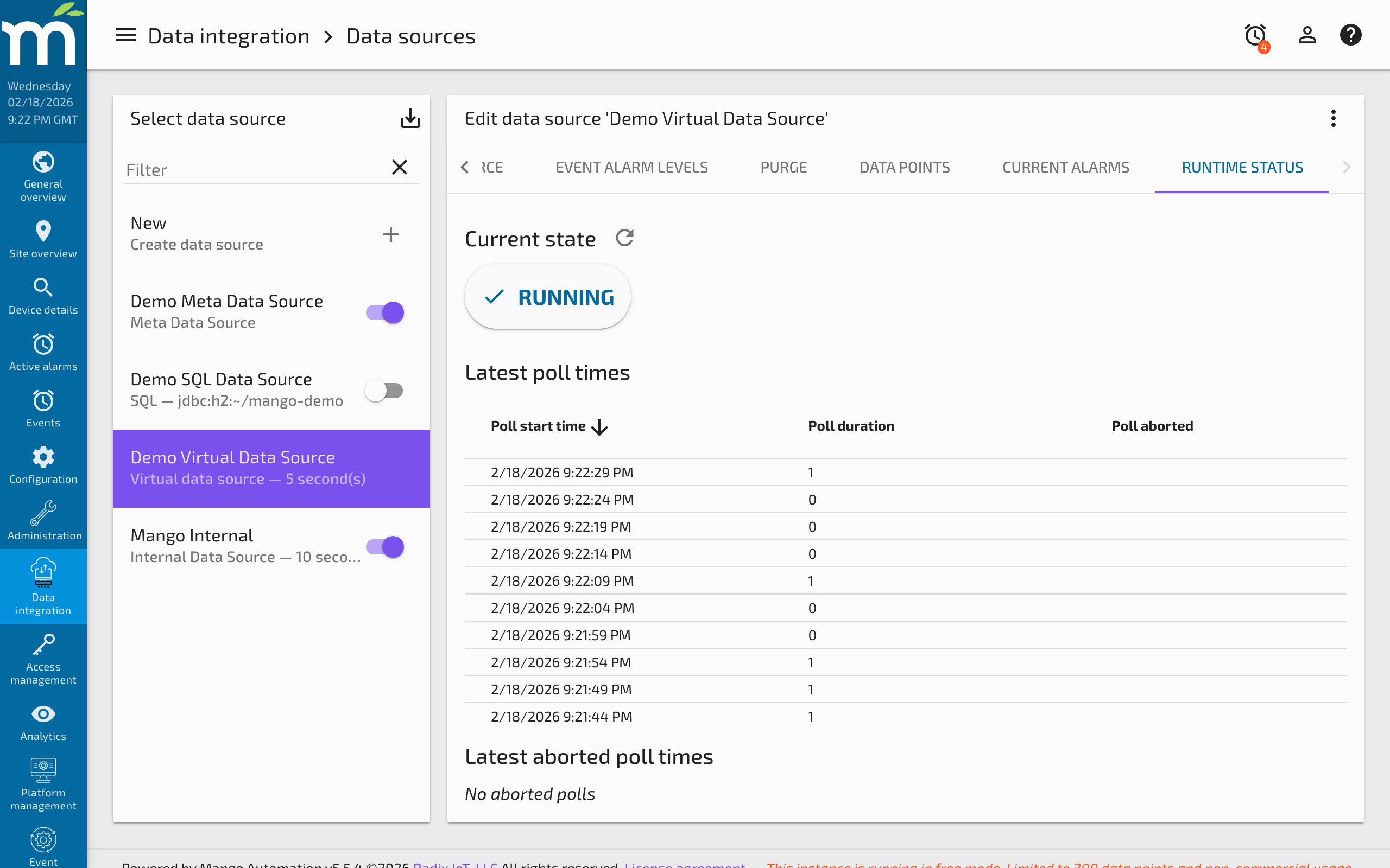 Runtime status panel showing poll duration, success count, and aborted polls
