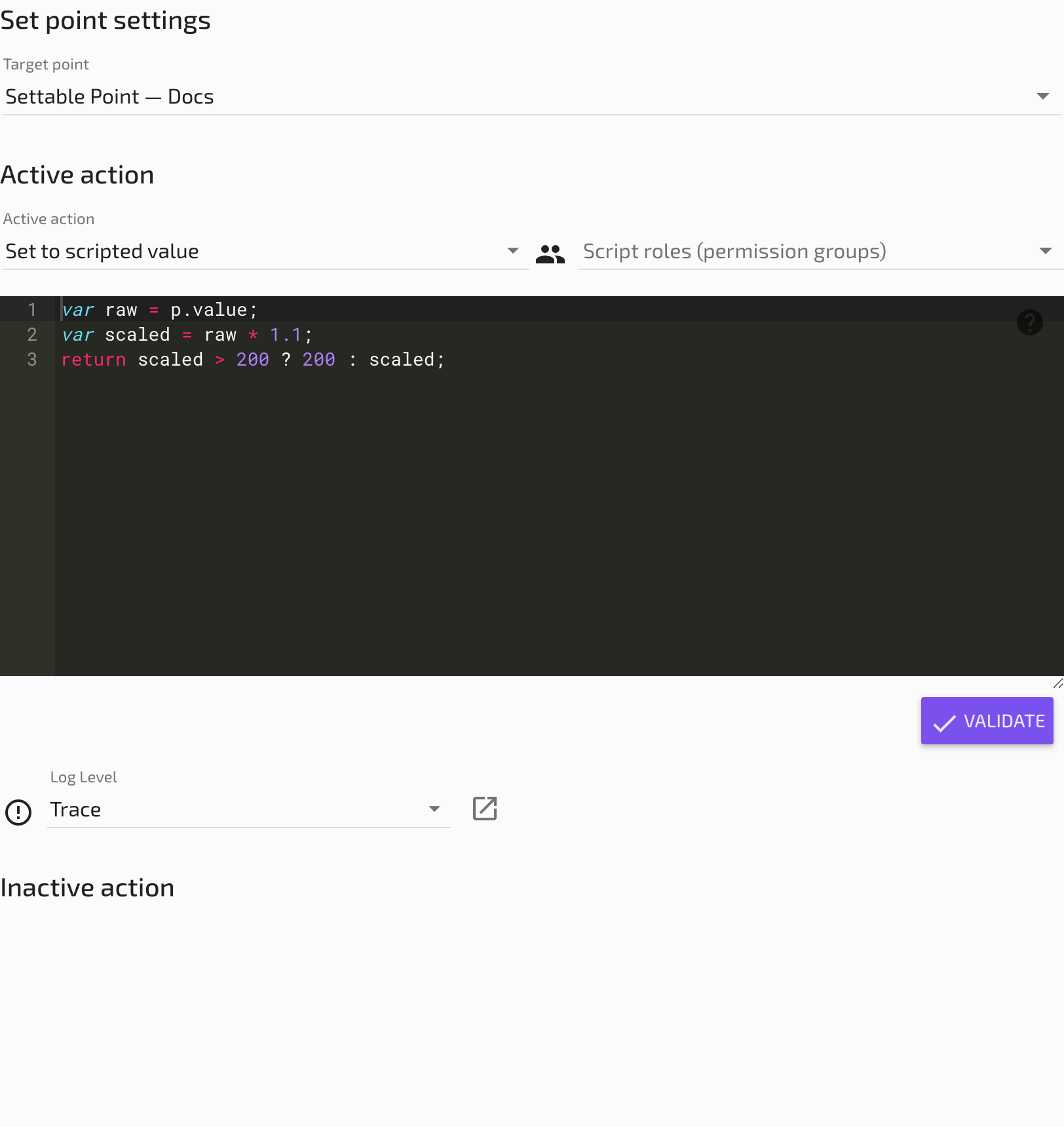 The script editor panel within the meta data point configuration page