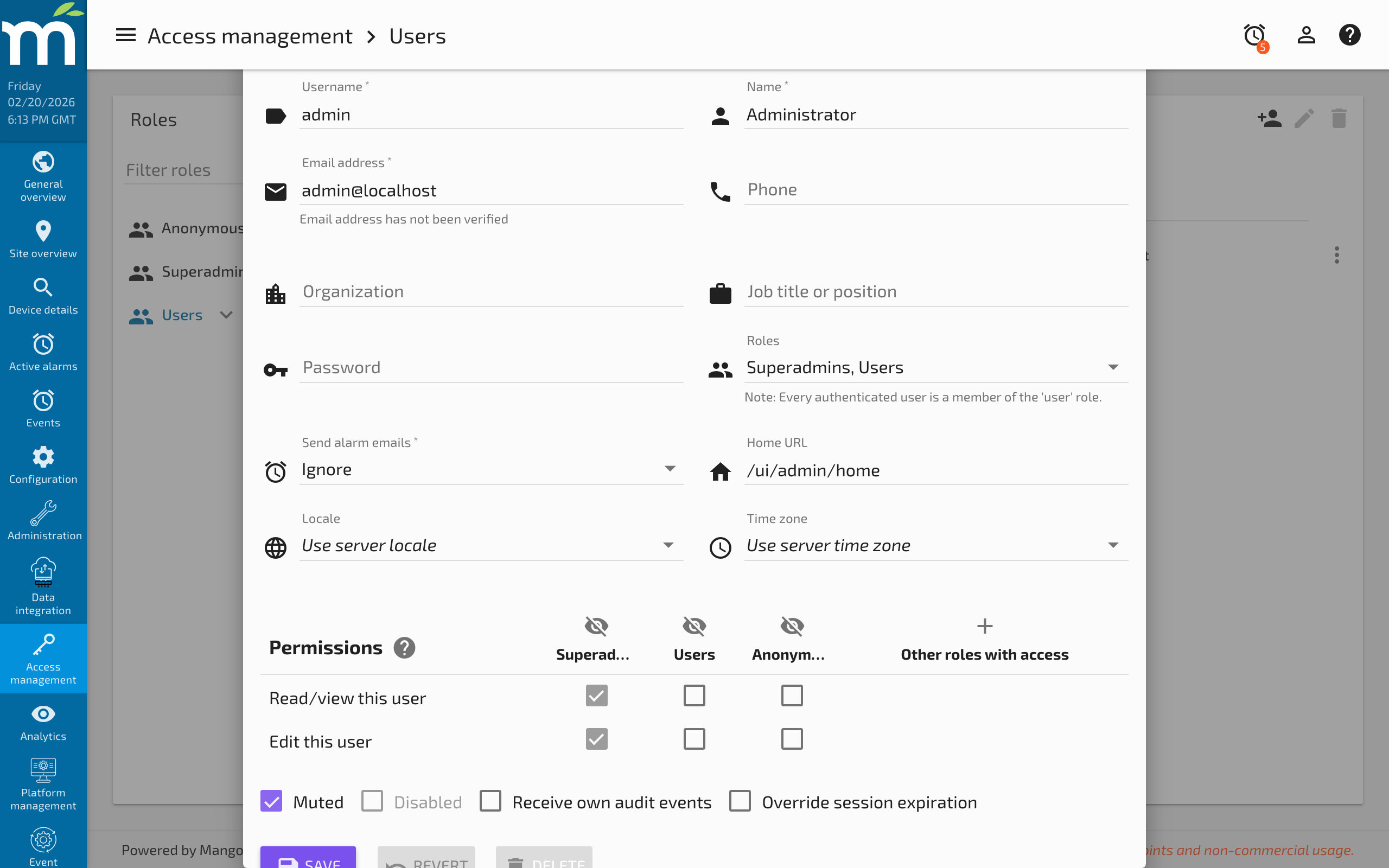 The Send alarm emails dropdown showing alarm level options