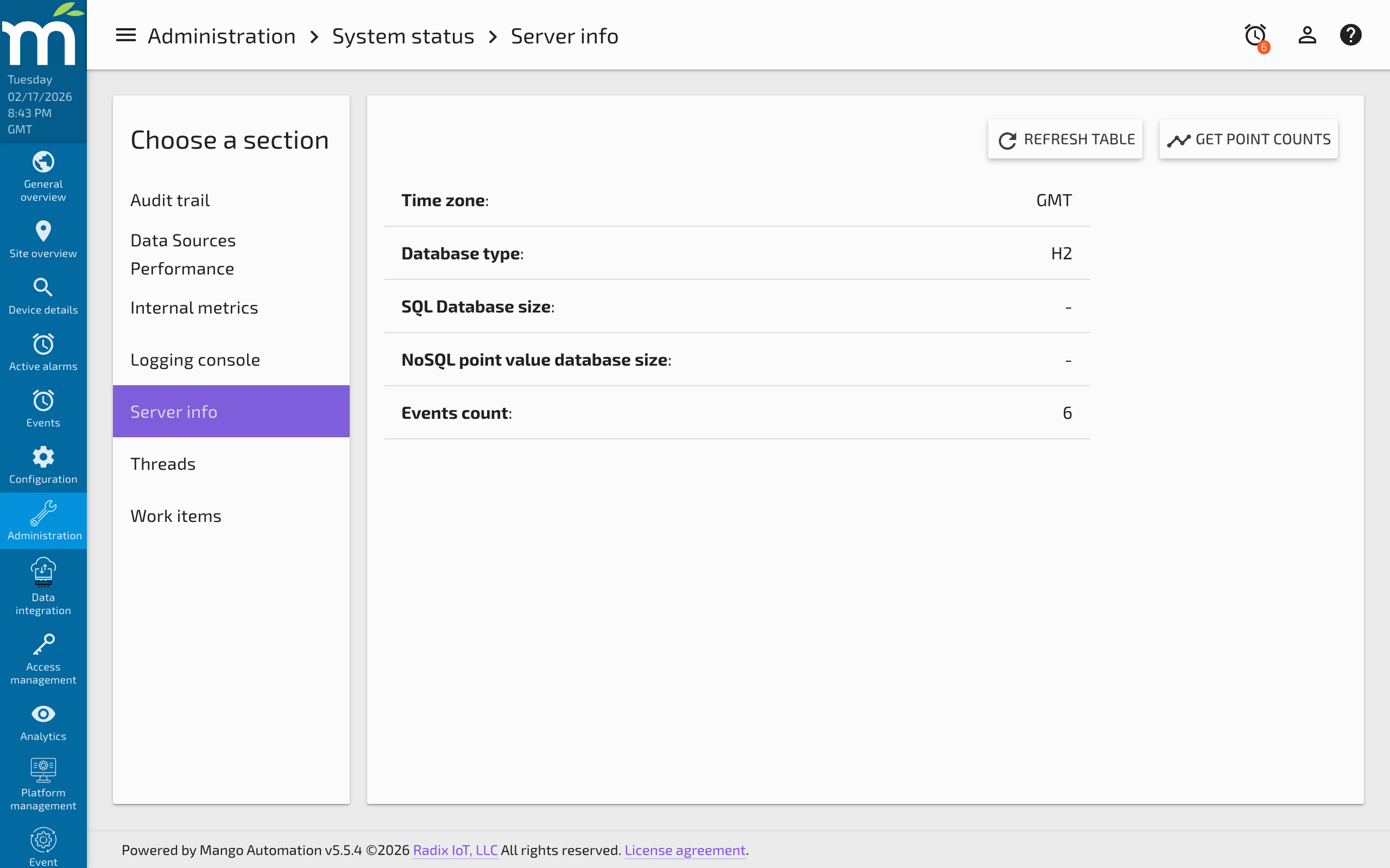 The Server Info page showing system details including timezone, database type, and database size