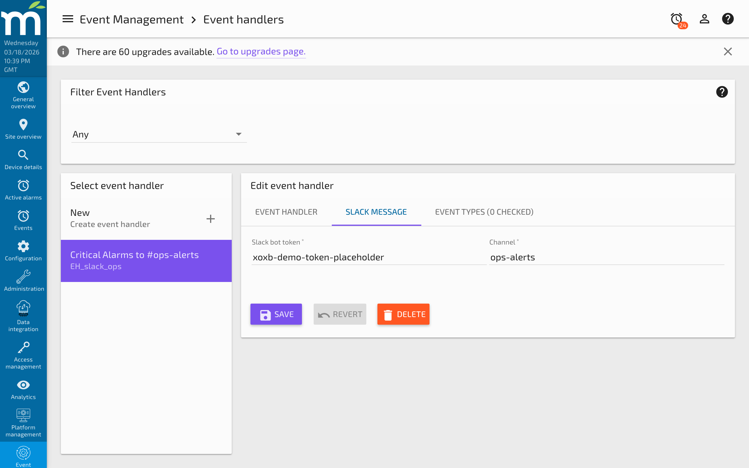 Slack Message event handler configuration showing bot token and channel fields