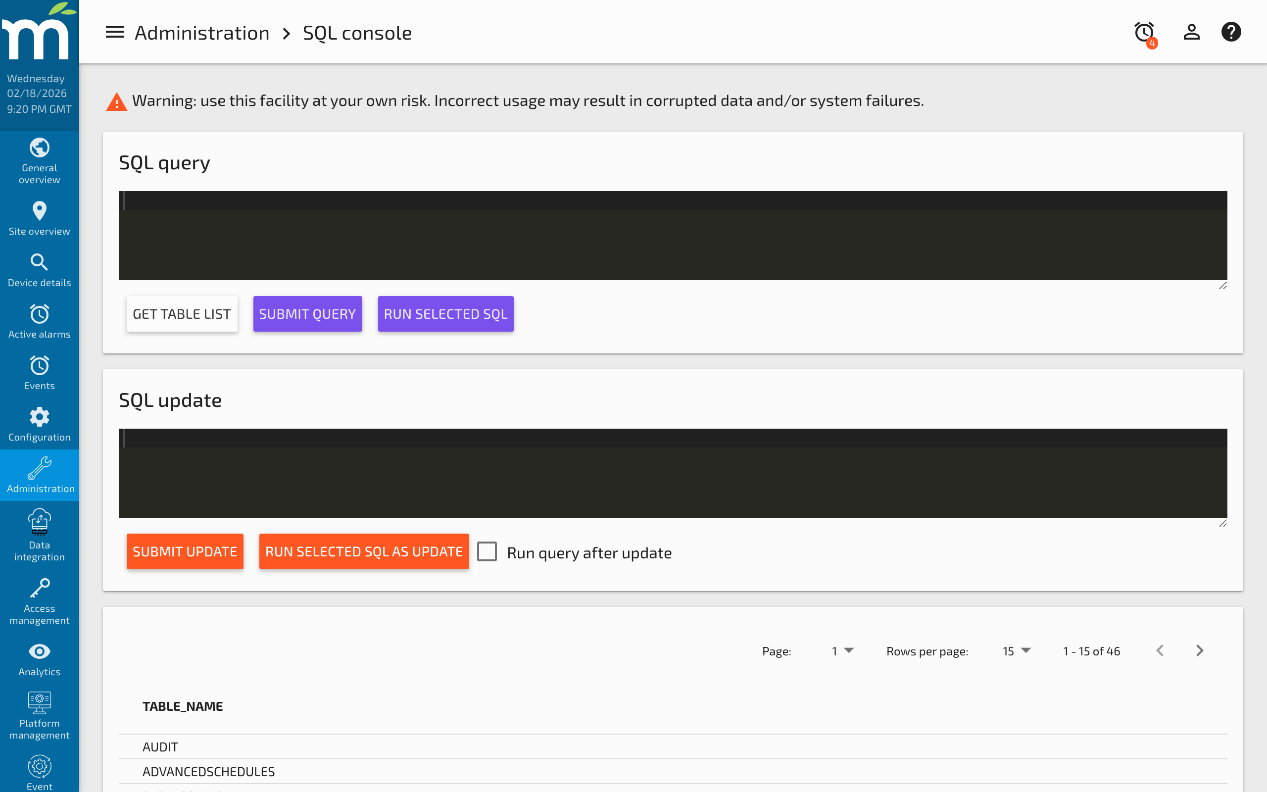 The SQL Console page showing the table list and query input area