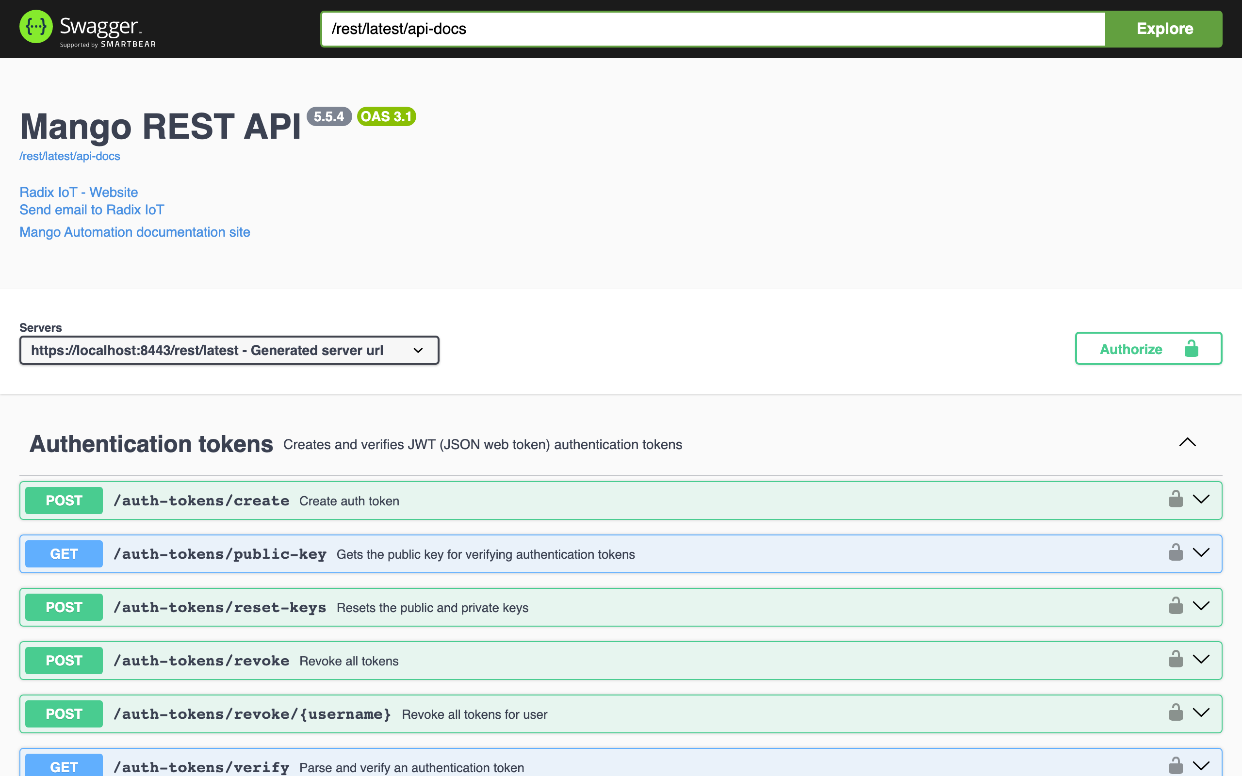 Swagger UI interface in Mango 5.4+ showing available API endpoints