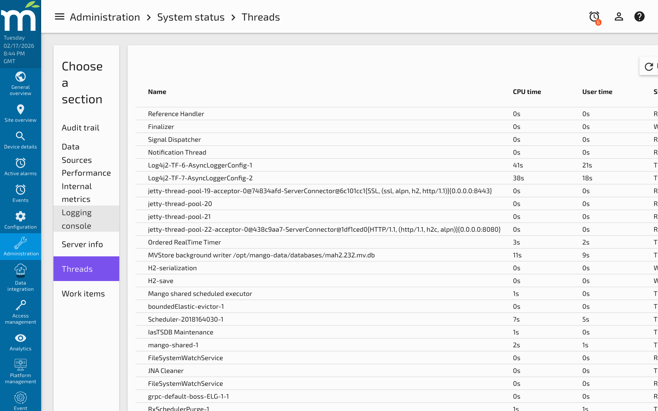 The Threads page showing the sortable table of running threads with Name, CPU Time, User Time, and State columns
