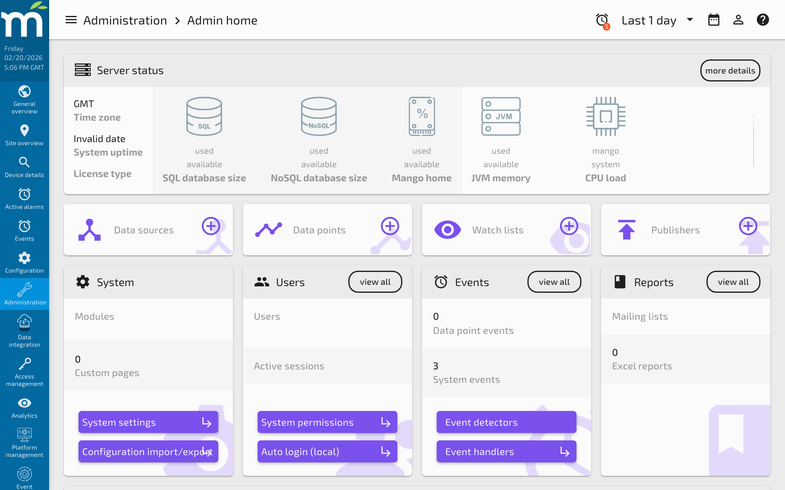 The Mango UI sidebar menu showing navigation items, user info, and server time