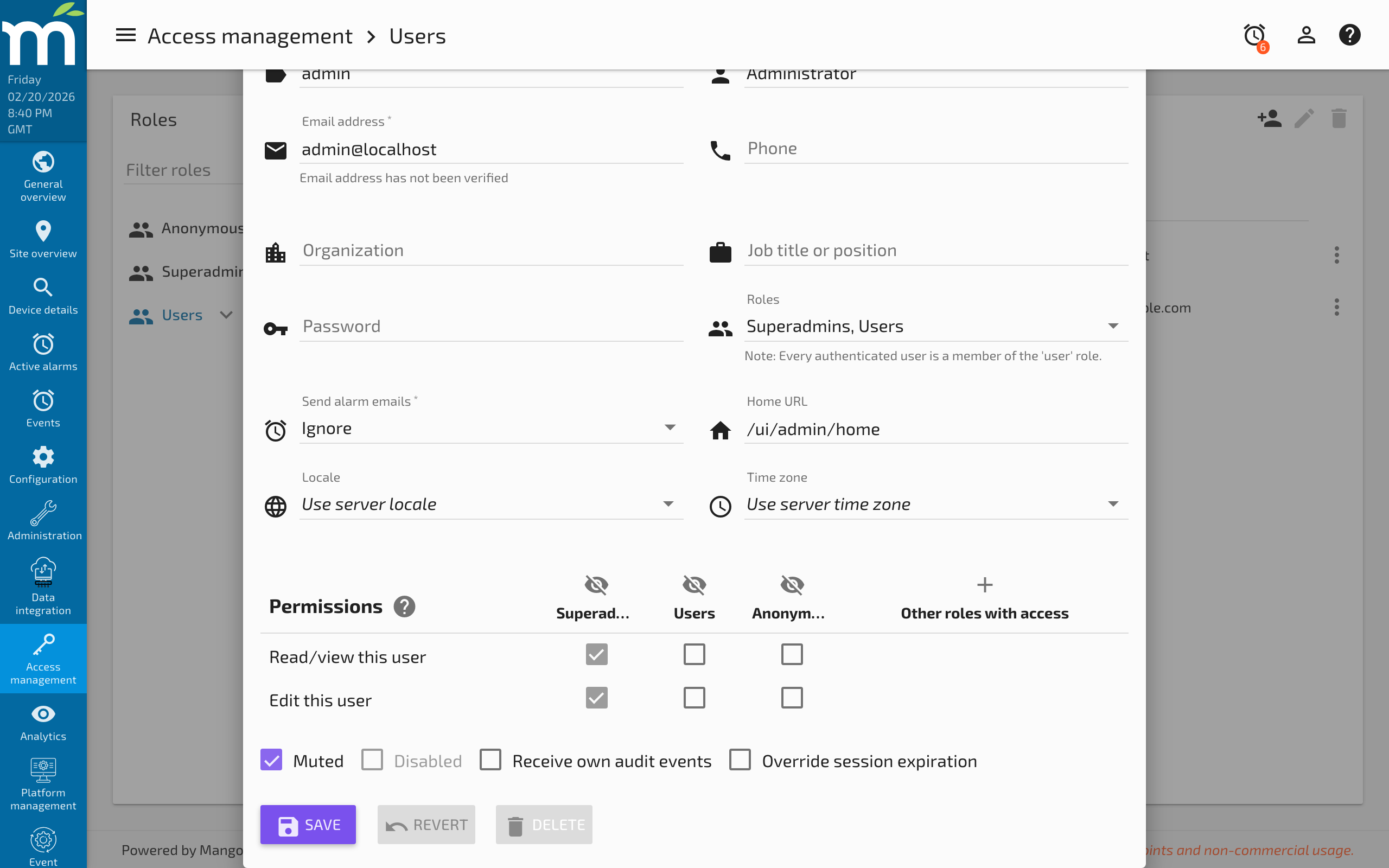 The user option checkboxes for Muted, Disabled, Receive own audit events, and Override session expiration
